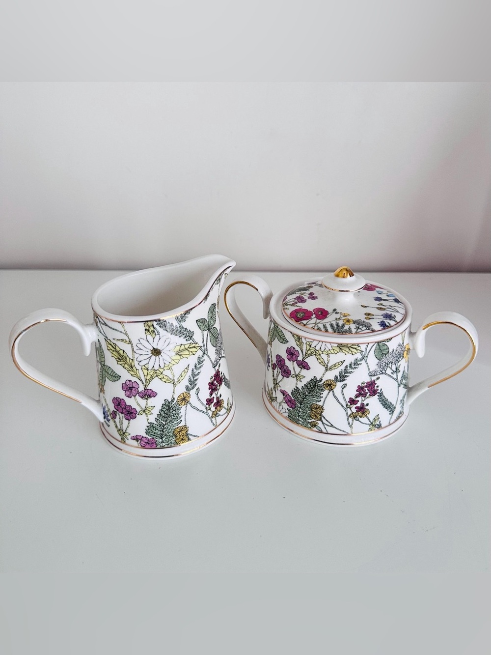 Cottagecore Floral Dainty Botanical Creamer & Lidded Sugar Bowl Set